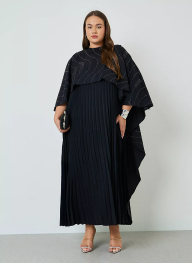 Styli Plus Size Cape Sleeve Pleated Maxi Dress - Black - 22
