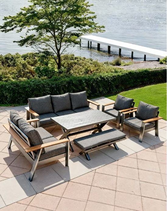 Broyhome 7-Seater Aluminum Outdoor Sofa Set with High Table & Bench -Weather-Resistant Patio Furniture for Gardens