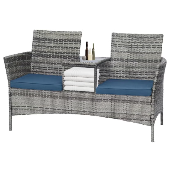 Harmony Home Outdoor Wicker Patio Double Chair with Centre Table and Cushions - Grey