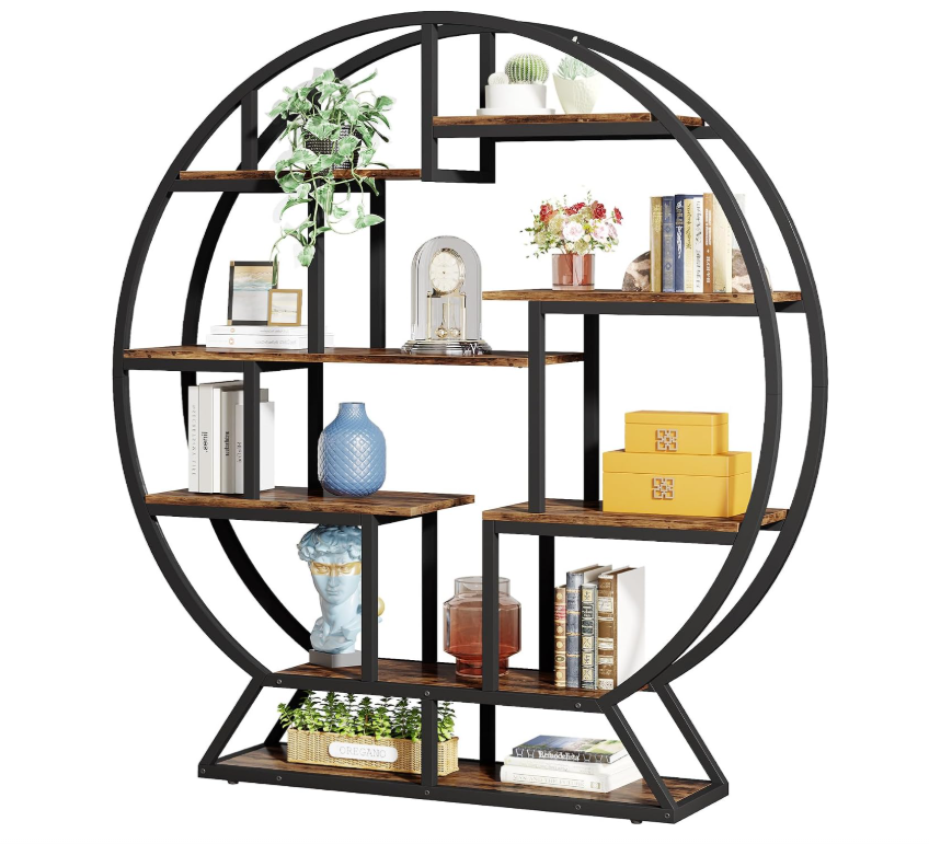 Tribesigns Bookshelf, Round Bookshelves Etagere Bookcase, 160 cm Industrial Wood Book Shelf with Staggered Shelves, Rustic Open Shelving Organizer Rack Display Shelf - Rustic Brown