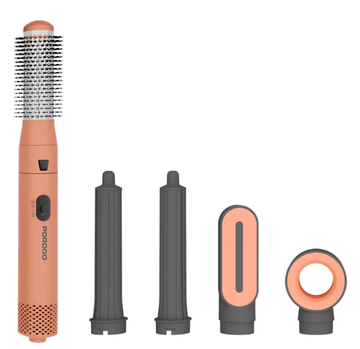 Porodo Tulip 5-in-1 Multi-Function Hair Styler, 700W, Hair Dryer, Curler & Straightener with Ionic Technology, 3 Heat Levels, UK Plug- Peach