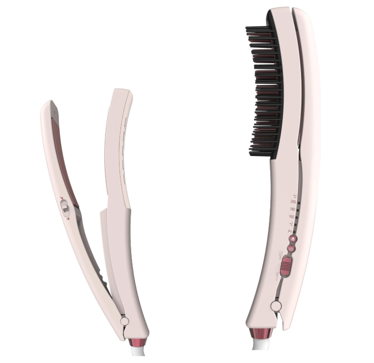 Porodo Dual-Mode Hair Straightening Brush with Detachable Comb, 76W Straightener, 3×Temperature Levels [160-180-200°C] – Pink