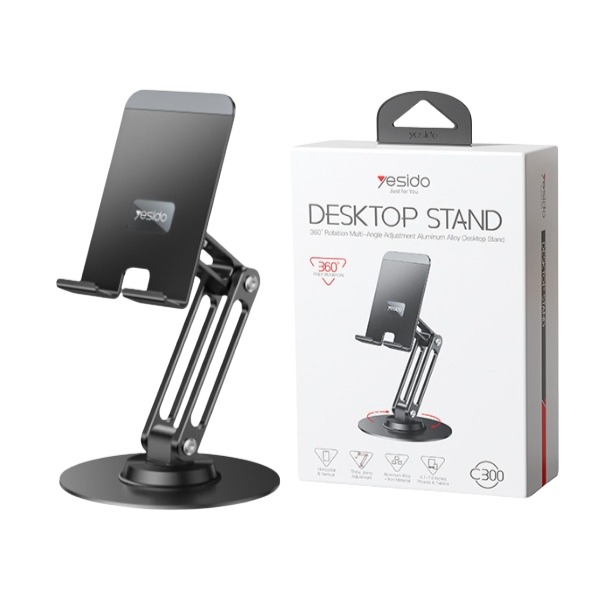 Yesido C300 Aluminum Alloy Desk Phone Stand, 360° Rotating Base, Adjustable Height & Angle, Foldable & Portable Holder for Smartphones and Tablets (4-12.9 inch)