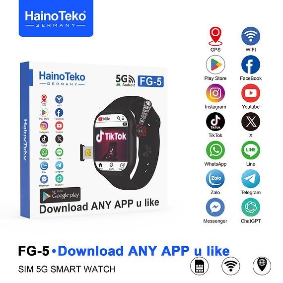 HainoTeko FG-5 5G Smartwatch with SIM, GPS, WiFi, App Download, Video Call, Social Media Support – Black