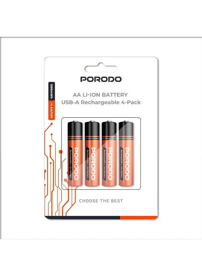 Porodo AA Li-Ion Rechargeable Batteries 4-Pack – USB-A Charging, Long-Life Reusable Batteries (Orange)