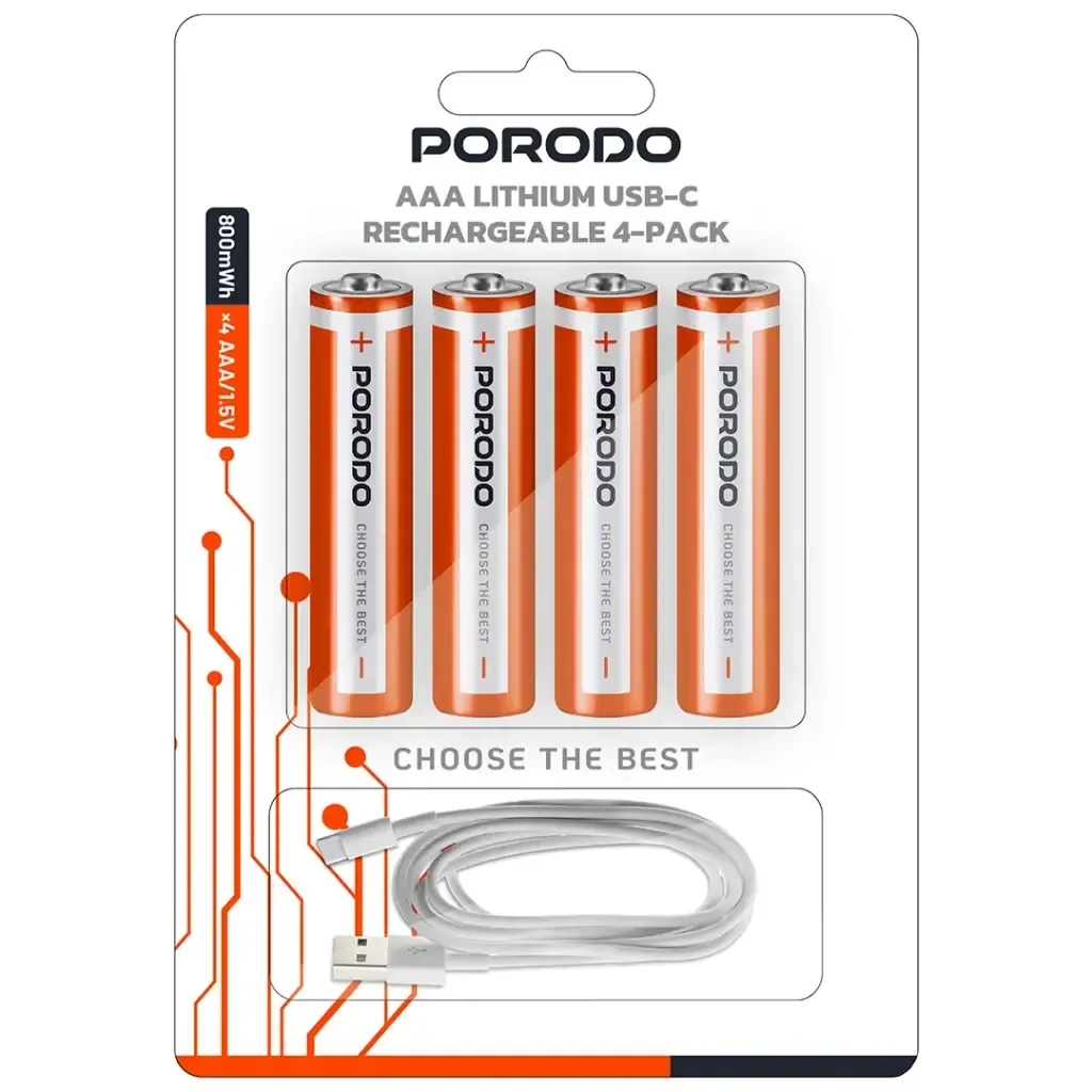 Porodo Aaa (4 قطع) بطارية ليثيوم قابلة للشحن 800 ميجاوات مع كابل شحن 4 في 1 من النوع C