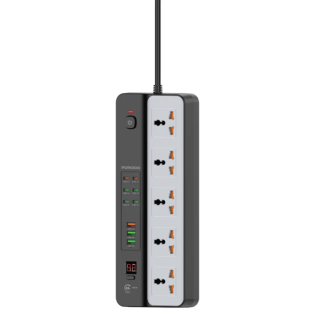 Porodo 3000W | 5AC Universal Power Strip with 9 USB Ports (6C + 3A) - Black