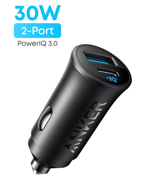 Anker Ultra-Compact Car Charger retail box containing a 30W dual-port adapter bundled with two charging cables