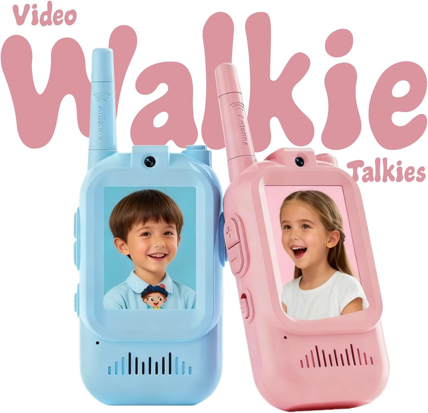 Kids Walkie Talkies set (blue&pink) with Camera & Video, Rechargeable 2-Way Radio for Boys & Girls, Push-to-Talk, Voice Changer, USB-C Charging, Lanyards