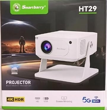 Smartbarry HT29 4K HDR Smart Projector، واي فاي 5G ثنائي النطاق، HDMI/USB، أبيض، مسرح منزلي، حامل دوار 180 درجة، انعكاس شاشة لاسلكي، دقة 4K