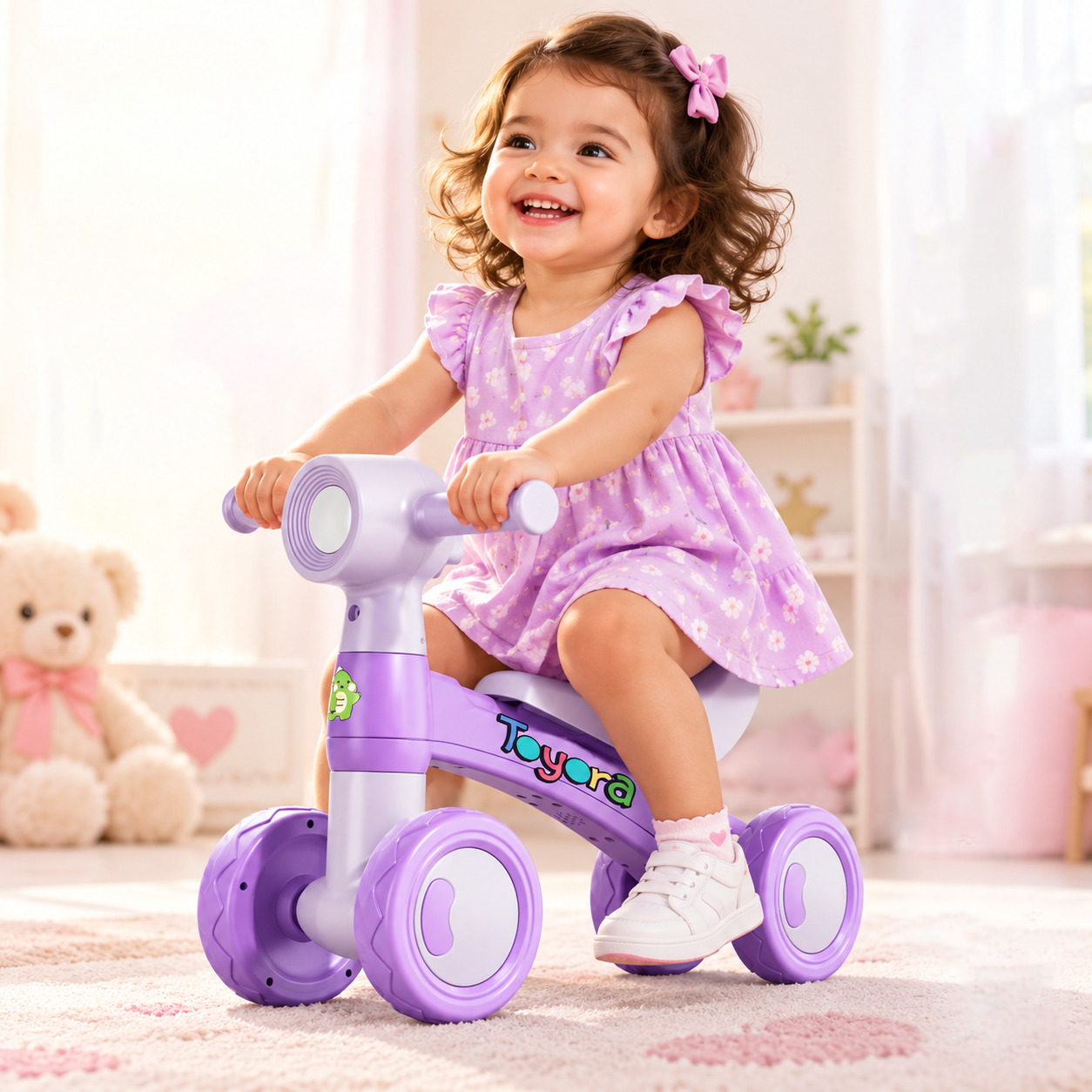 Toyora Kids Balance Bike with Music & LED Headlight - 4 Wheel Toddler Ride-On Bicycle for 1-3 Years
