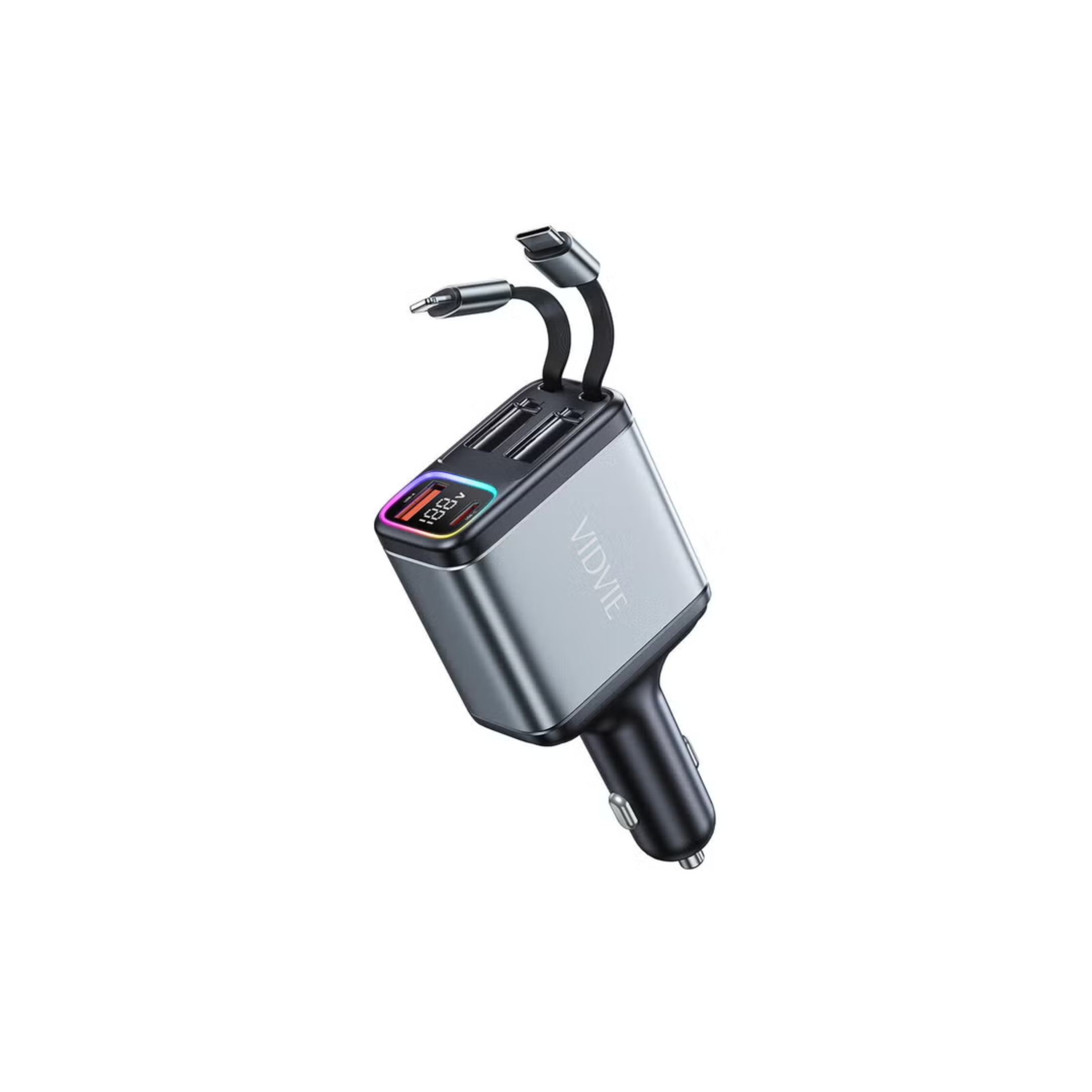 Vidvie Double Retractable Cord Fast Car Charger, Dual Built-in Cables with Smart Auto-ID, Fast Charging and Tangle-Free Cable Management for Android and iPhone, CC539
