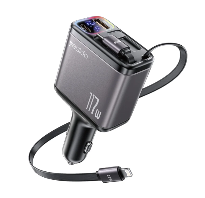 يسيدو Y63 4 في 1 117W USB - C / Type - C+USB متعدد الوظائف قابل للسحب ثنائي الخط شاحن عرض رقمي للسيارة سريع (أسود)
