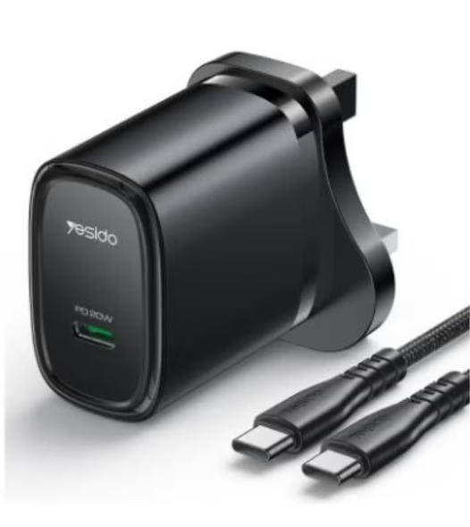 Yesido YC76BC PD 20W USB-C / Type-C Port Quick Charger with Type-C to Type-C Cable, UK Plug (Black)