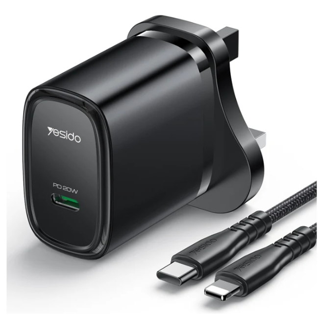 Yesido YC76BL PD 20W USB-C / Type-C Port Quick Charger with Type-C to 8 Pin Cable, UK Plug (Black)
