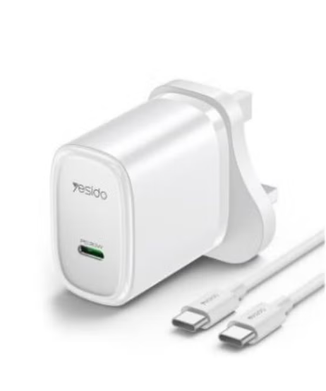Yesido YC76C PD 20W USB-C / Type-C Port Quick Charger With Type-C To Type-C Cable, UK Plug White