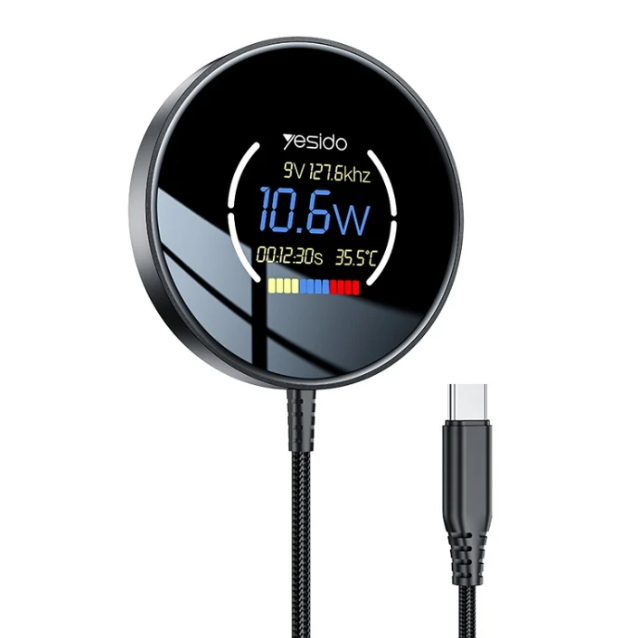 Yesido DS28 15W Smart Digital Display Magnetic Wireless Charger, Length:1.2m (Black)