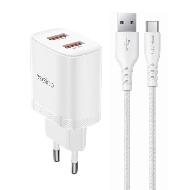 Yesido YC104 12W 2.4A USB Dual Ports Charger Set with 1m USB to Type-C Data Cable, EU Plug (White)