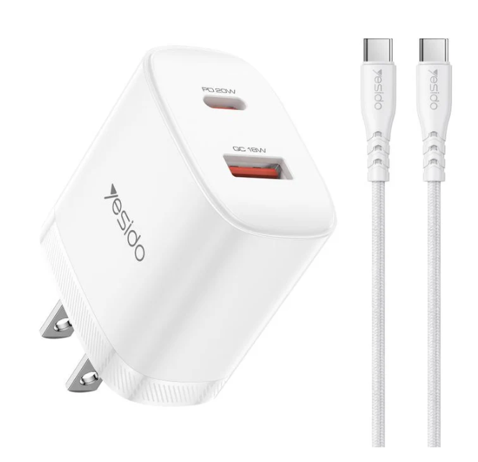 Yesido YC19U PD20W USB-C / Type-C and QC18W USB-A Dual Ports Charger Set with Type-C to Type-C Cable, US Plug (White)