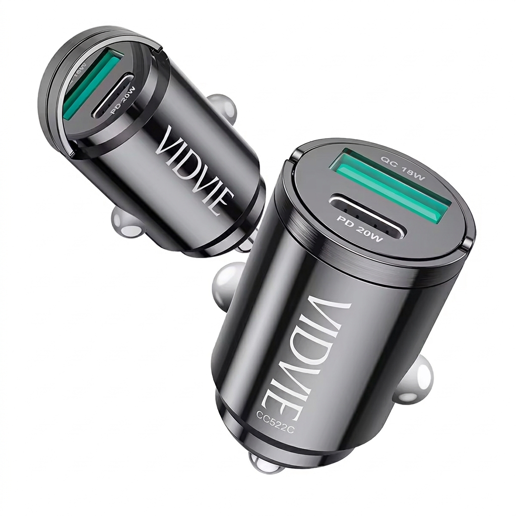 VIDVIE CC522C 38W Dual Port Car Charger, 20W USB-C PD + 18W QC 3.0 USB Fast Charging, Metal Mini Car Adapter – Gray