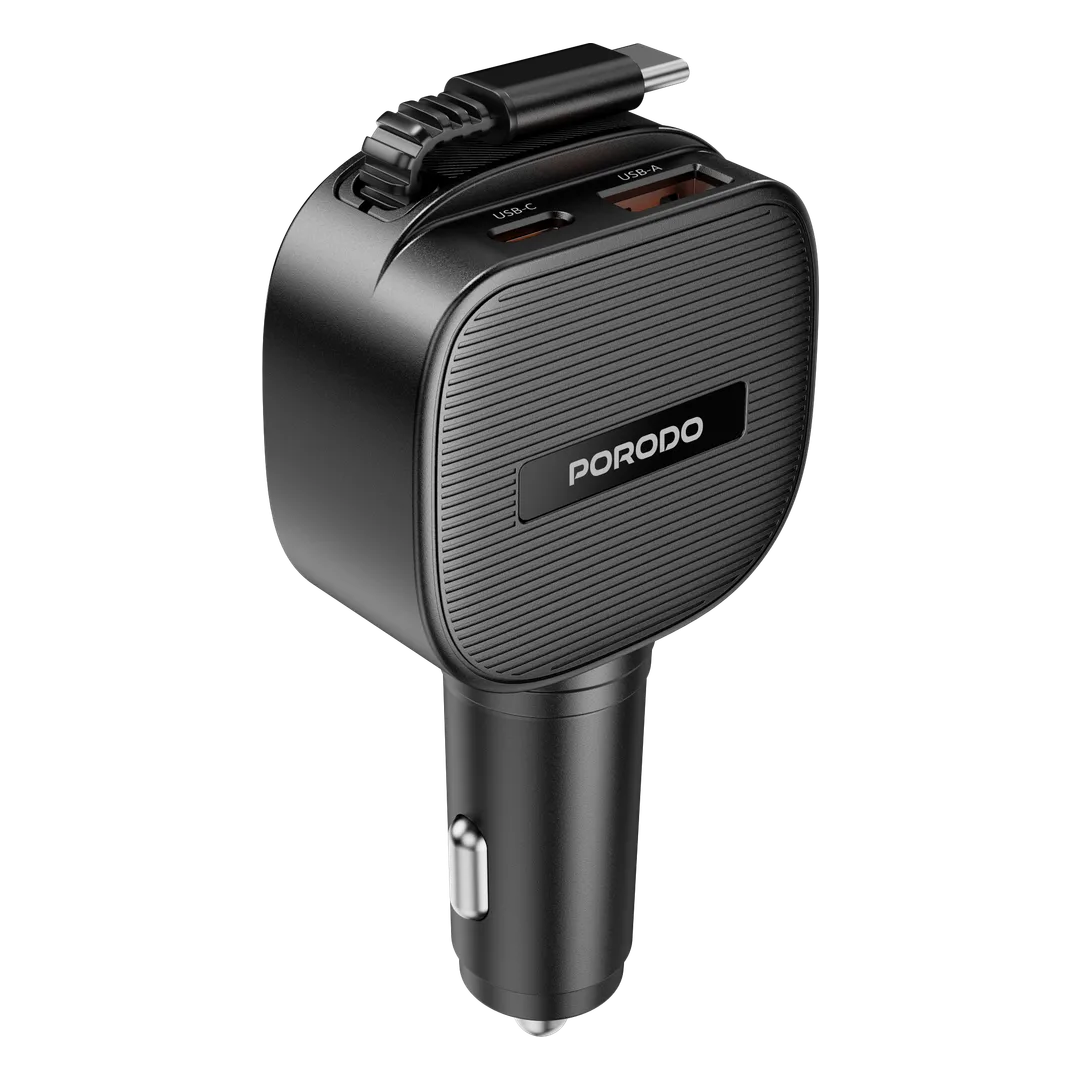 شاحن سيارة متعدد المنافذ من Porodo Cross مع كابل USB - C مدمج قابل للسحب (80 سم)، إجمالي خرج 45 واط كحد أقصى، محول شحن سريع PD 30W و QC 30W، شاحن جهاز ثلاثي 3 في 1 - أسود