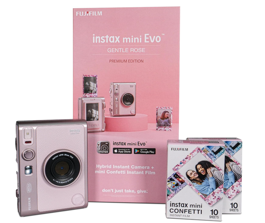 Fujifilm INSTAX MINI EVO Limited Edition Hybrid Instant Camera Gift Bundle, Premium Digital Photo Printer Combo Pack with 10 Lens & Film Effects, Bluetooth Smartphone Link - Pink