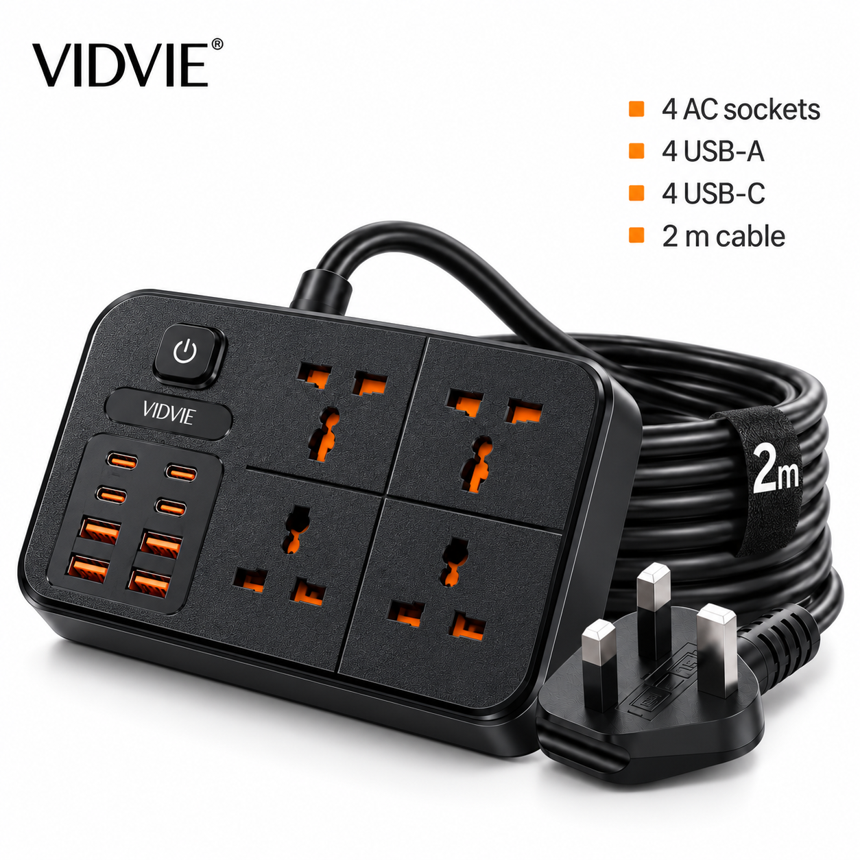 VIDVIE Power Strip Extension (UK Plug) – 2500W, 4 AC Outlets, 4 USB & 4 Type-C Fast Charging Ports - PSB07 | black
