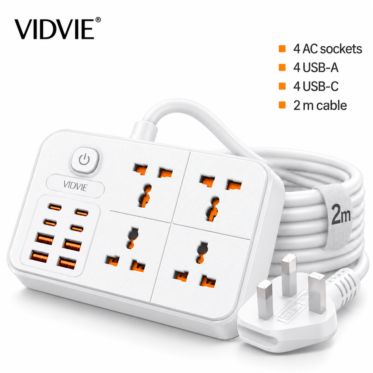 Vidvie Power Strip Extension UK Plug 2500W 4 AC Outlets 4 USB 4 Type-C Fast Charging Ports (PSB07) - White