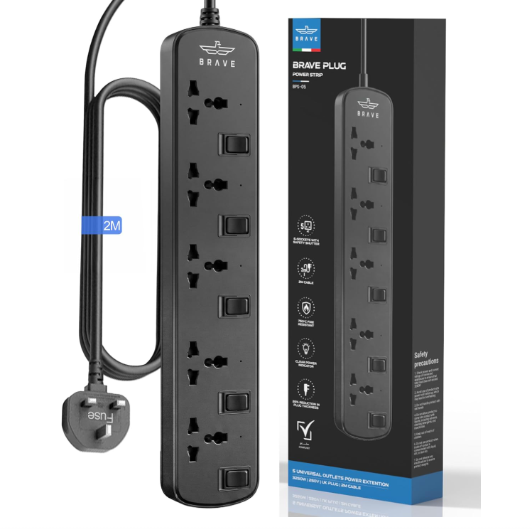 BRAVE BPS-05 5-Way Universal Power Strip (2m) | 3250W Extension Cord with Individual Switches | 3x1mm² Heavy Duty Cable, 13A Fuse, 750°C Fireproof & Child Safety | ESMA Certified UK Plug - Black