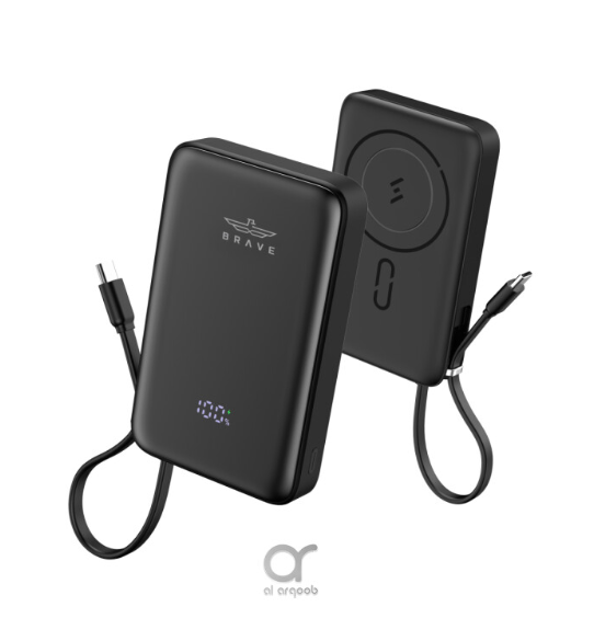 BRAVE Magpow 10000mAh Magnetic Wireless Power Bank with 15W MagSafe, 20W PD, Built-in USB-C Cable, and LED Display - Black