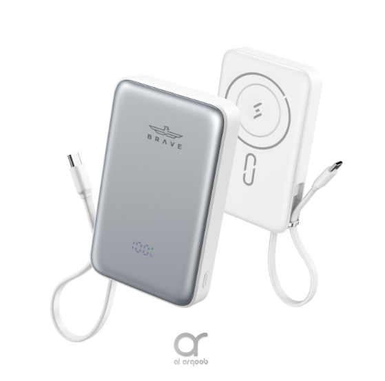 BRAVE Magpow 10000mAh Magnetic Wireless Power Bank with 15W MagSafe, 20W PD, Built-in USB-C Cable, and LED Display - White