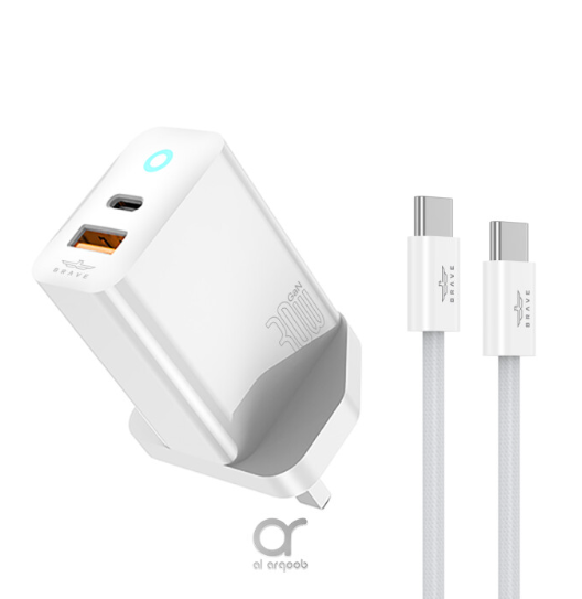 Brave 30W GaN Dual Port Fast Wall Charger Type-C + USB-A With 60W Fast Type-C to C Cable - White