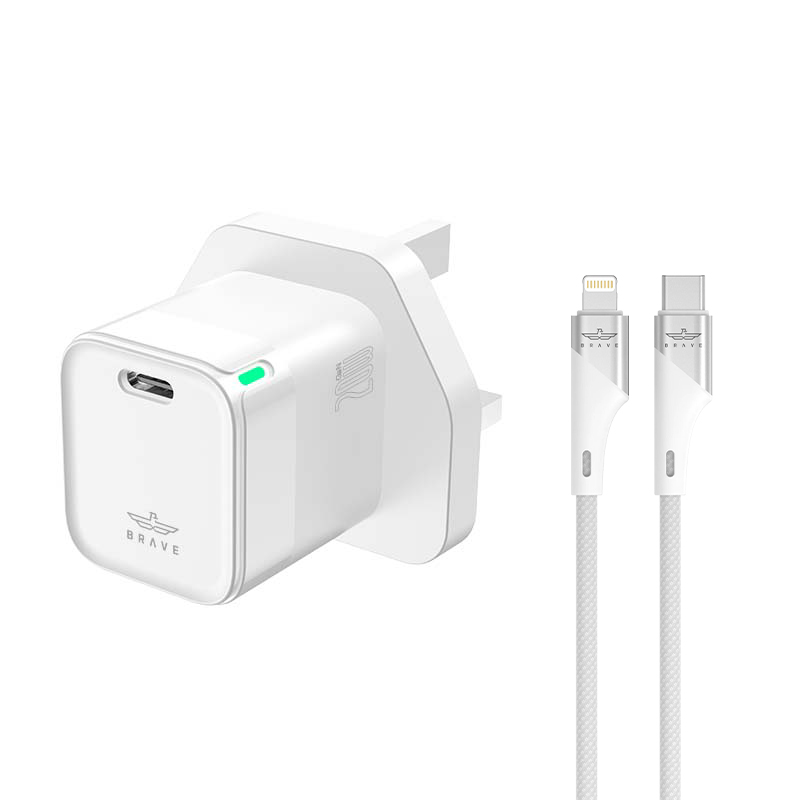BRAVE BTC-28C 20W USB-C Fast Wall Charger – GaN Technology, PD 3.0 & QC 3.0 with Type-C to Lightning - White