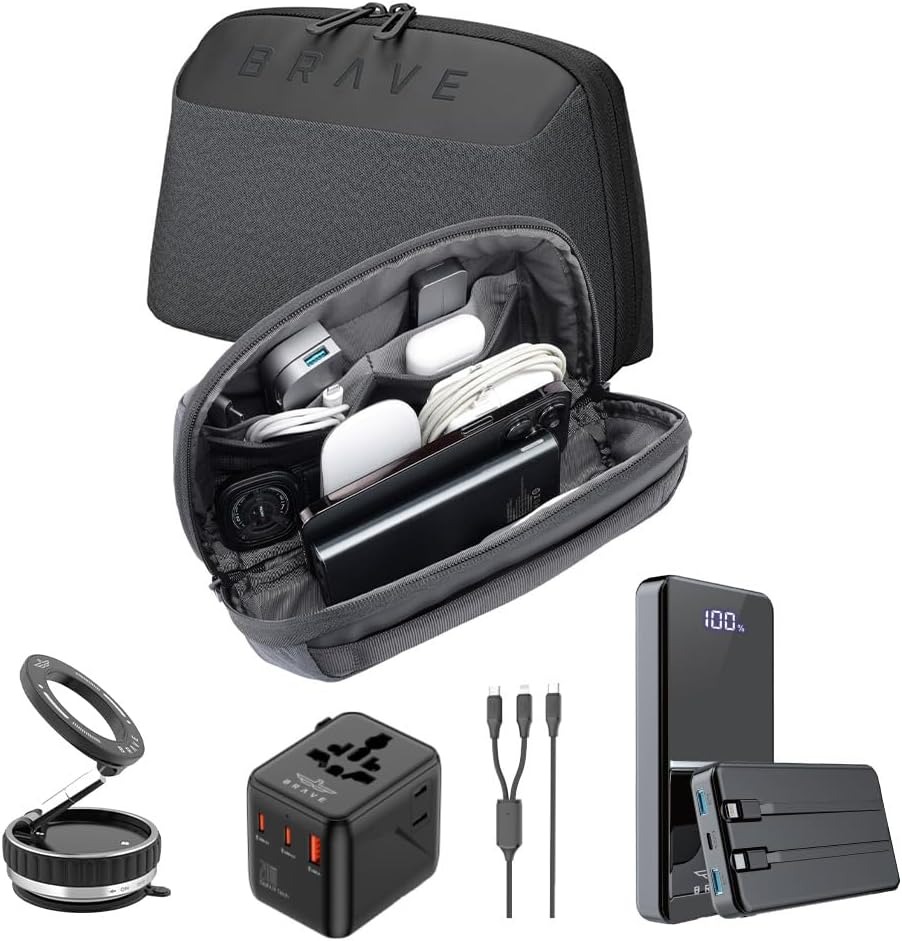 BRAVE BTK-02 Travel Kit 5-in-1 Pack, Adapter, Power Bank, Travel Adapter, USB-C & Lightning Cable and Car Phone Holder, Portable Charging Accessories Kit, Black
