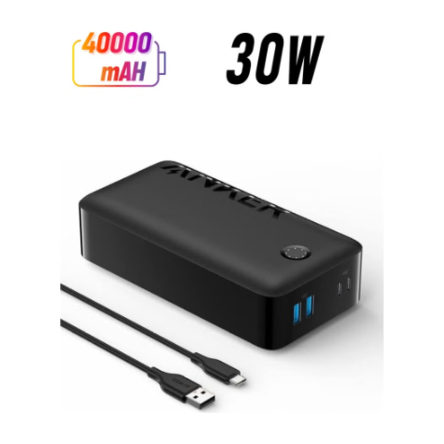باور بانك أنكر بسعة 40000 مللي أمبير مع شحن سريع USB-C بقدرة 30 واط لأجهزة ماك بوك وآيفون 16/15/14/13/12 وسامسونج جالاكسي وآيباد