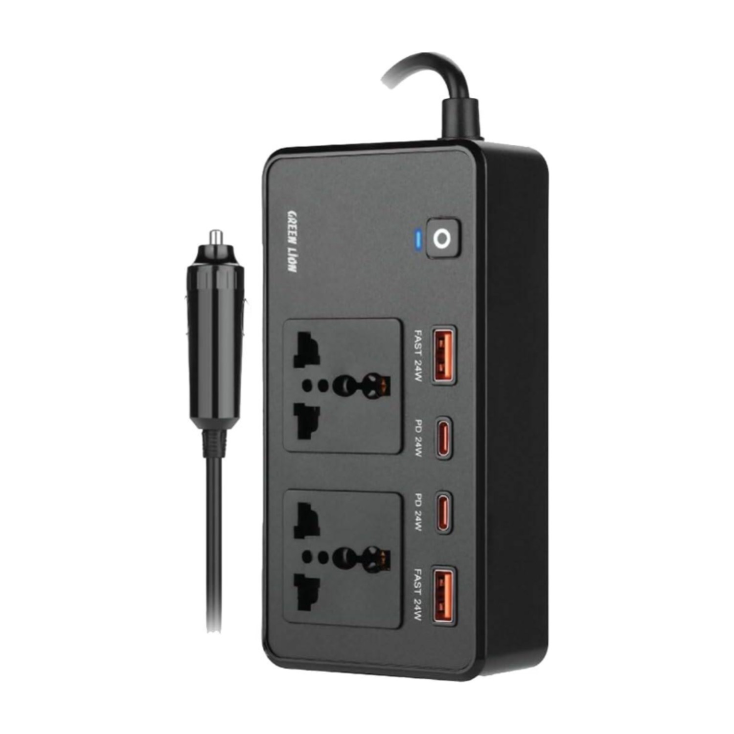 محول طاقة للسيارة من جرين ليون GC-200، مزود بمقبسين عالميين، ومنفذي USB-A، ومنفذي USB-C، وشحن سريع QC 3.0، وقدرة 200 واط، وشحن PD بقدرة 24 واط، مصنوع من مواد متينة مقاومة للاشتعال، صغير الحجم ومناسب - أسود