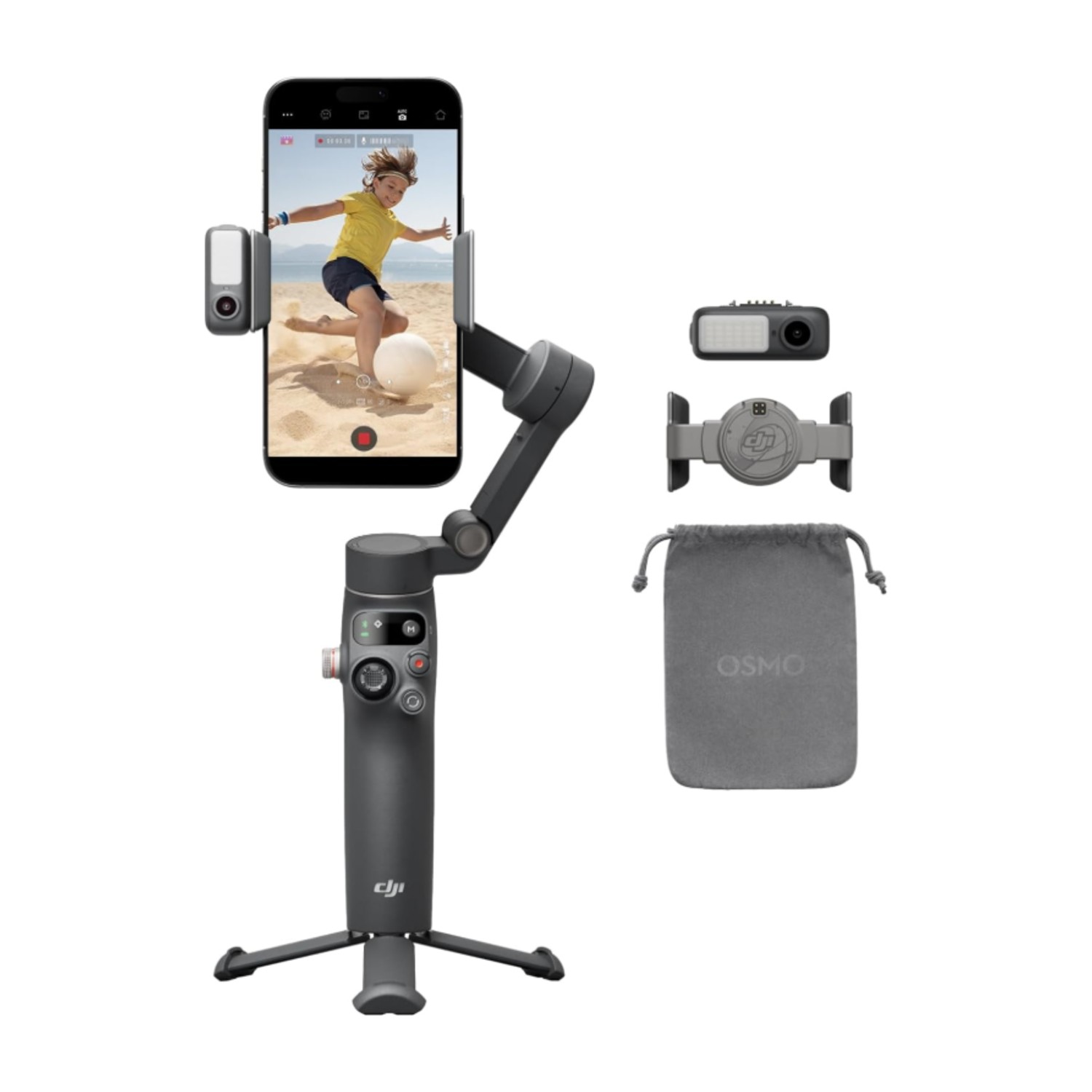 مثبت انحراف DJI Osmo Mobile 7P لأجهزة iPhone و Android و Native Tracking و 3 محاور للهاتف Gimbal وقضيب تمديد مدمج وحامل ثلاثي القوائم وشحن الهاتف