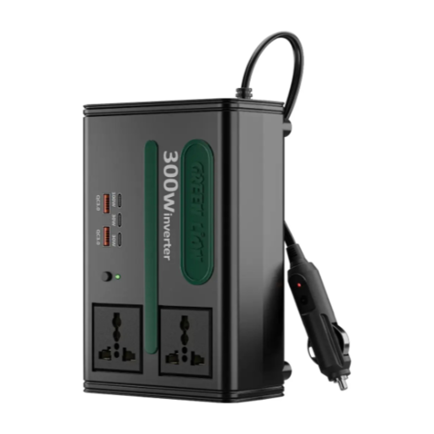 عاكس سيارة Green Lion GC -300 بقوة 300 واط، 7 في 1 متعدد المنافذ، مروحة تبريد مدمجة، فيوز أمان، خرج تيار متردد 220 فولت، طول سلك 50 سم، جهد دخل 12.8 فولت تيار مستمر - أسود