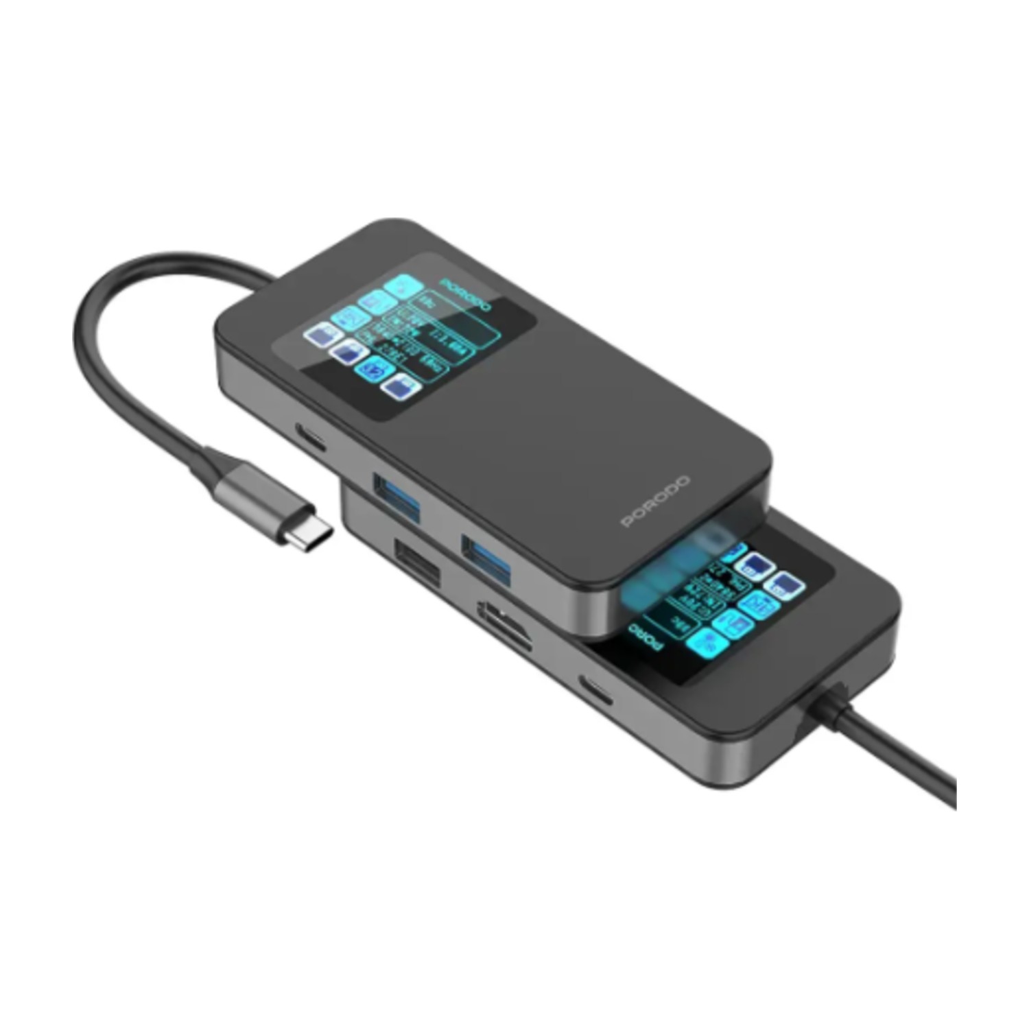 Porodo 6 في 1 محور USB - C متعدد المنافذ مع شاشة رقمية ذكية - رمادي