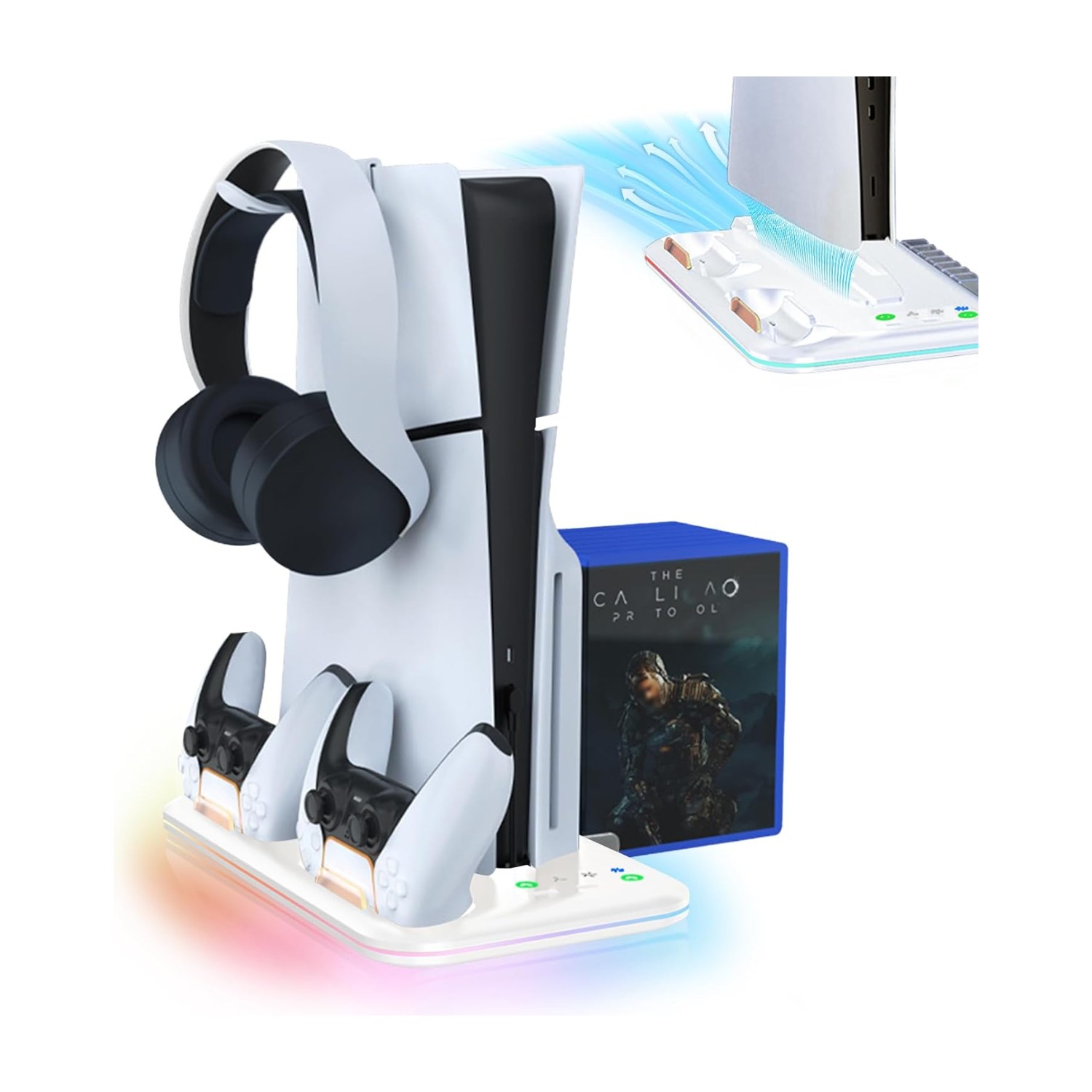 DOBE PS5 / Slim / Pro Vertical Cooling Stand with Dual Controller Charging Dock, LED Light & Game Disc Storage – PlayStation 5 Accessories Kit (White)