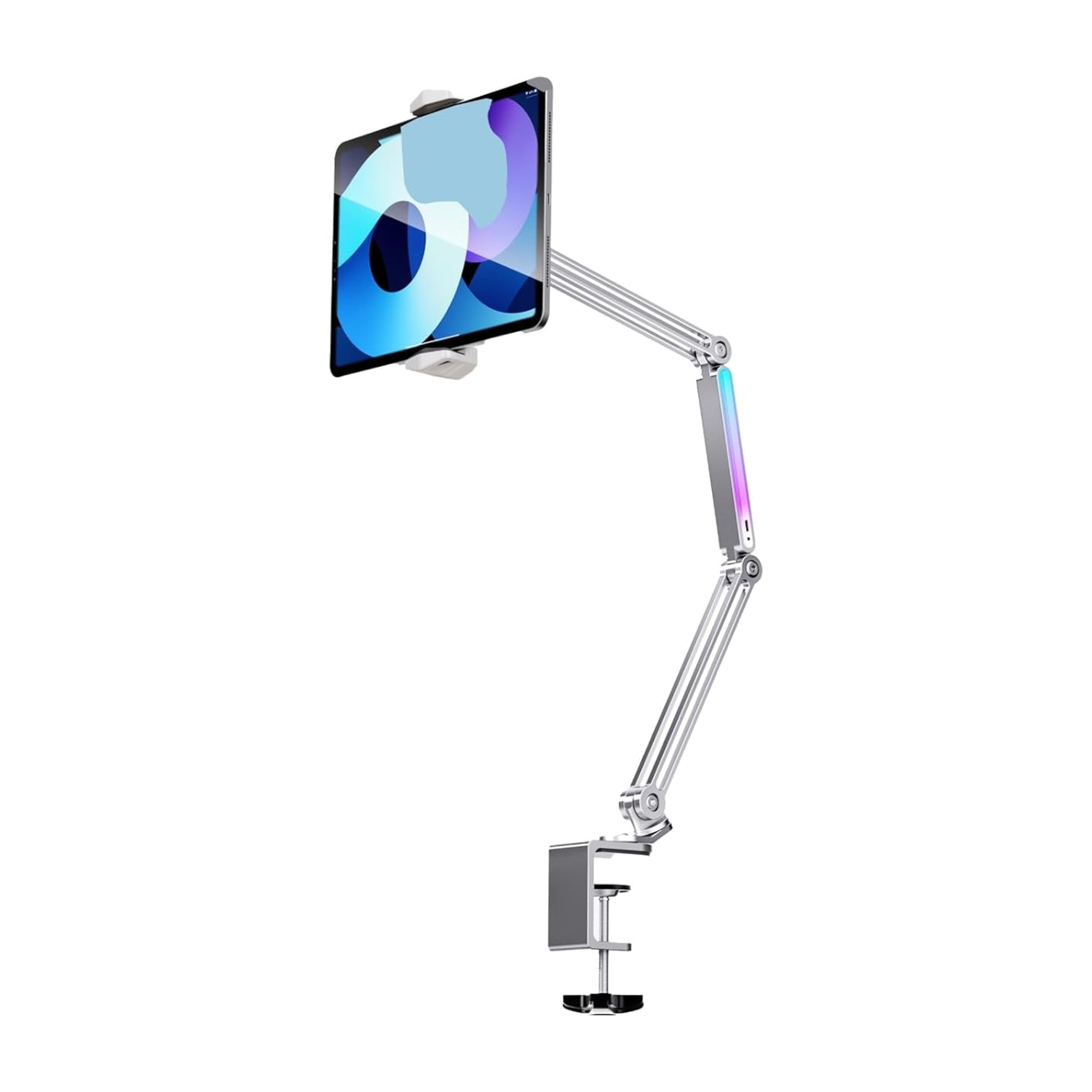حامل Porodo بذراع مفصلي (Cantilever) قابل للتعديل والطي ومصنوع من سبائك الألومنيوم، مزود بإضاءة LED، زاوية رؤية مرنة بزاوية 360 درجة، إضاءة محيطية RGB، توافق واسع (للهواتف والأجهزة اللوحية حتى 12.9 بوصة)، ارتفاع 78 سم - لون رمادي.
