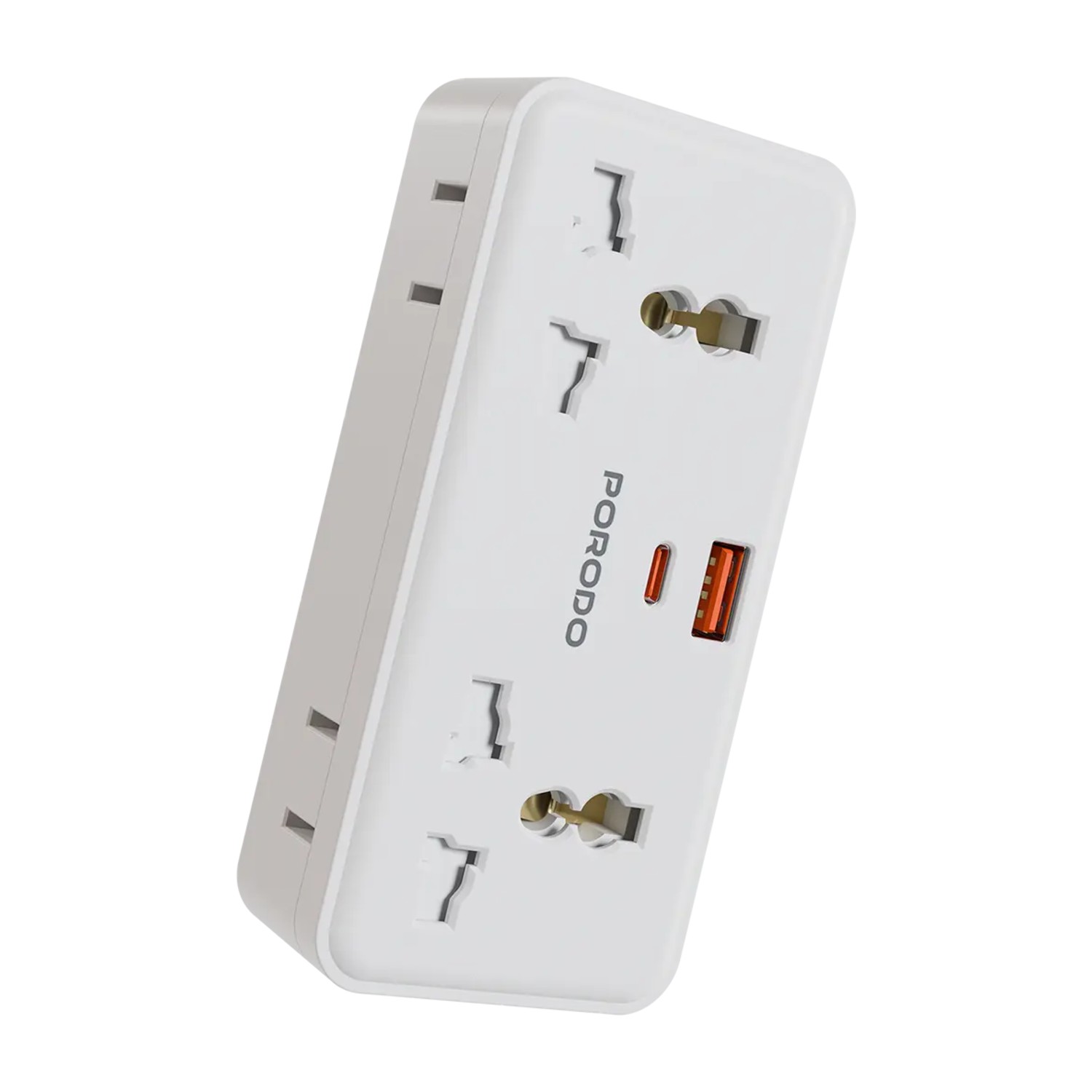 محول سفر عالمي Porodo Plex بقدرة 1500 واط، منافذ تيار متردد متعددة، منافذ USB-C PD وUSB-A، مقابس بريطانية/أوروبية/أمريكية (أبيض)