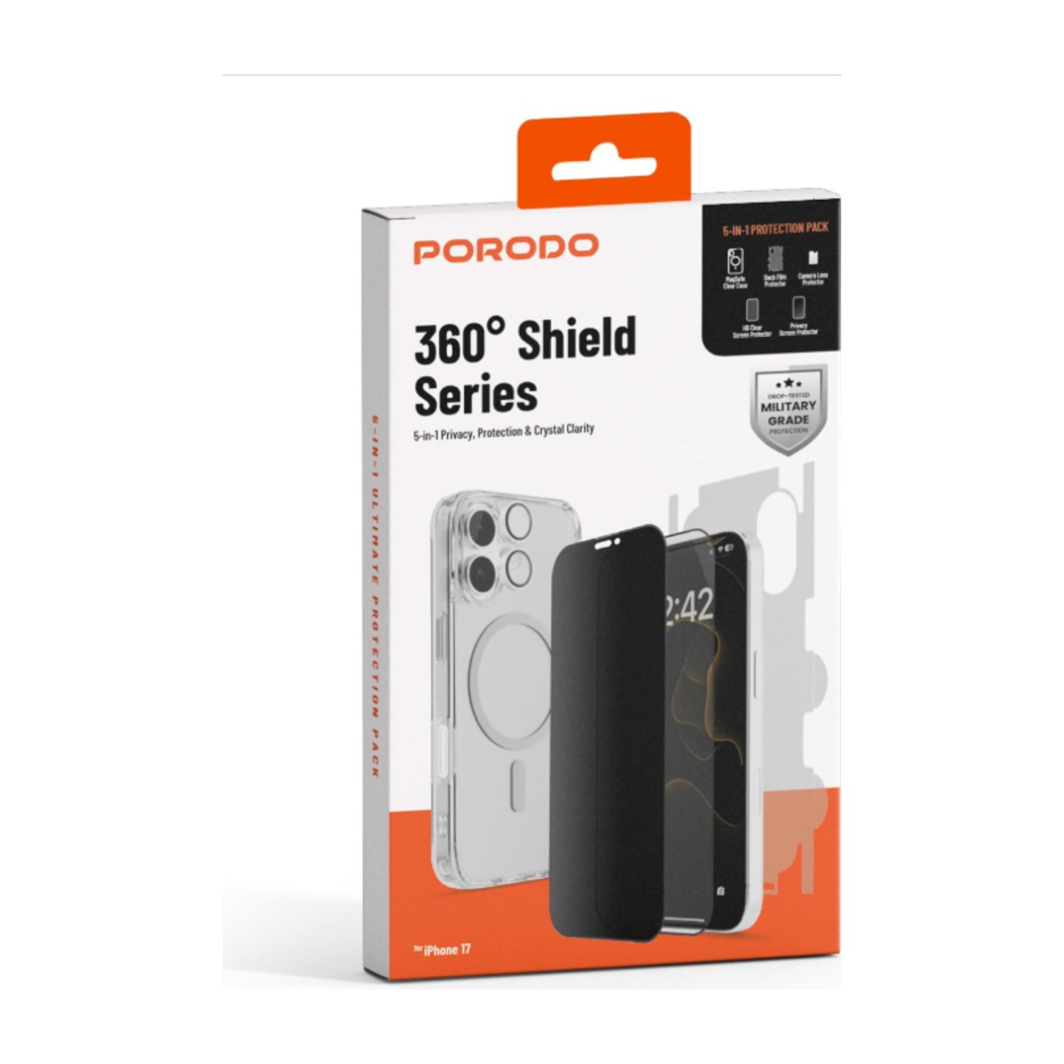 Porodo 5-in-1 Protection Pack for iPhone 17 Pro, [Compatible with MagSafe Case, Camera Lens Protector, HD Clear & Privacy Screen Protector, Back Film], 360 Full Combo Pack, Scratch-Resistant - Clear