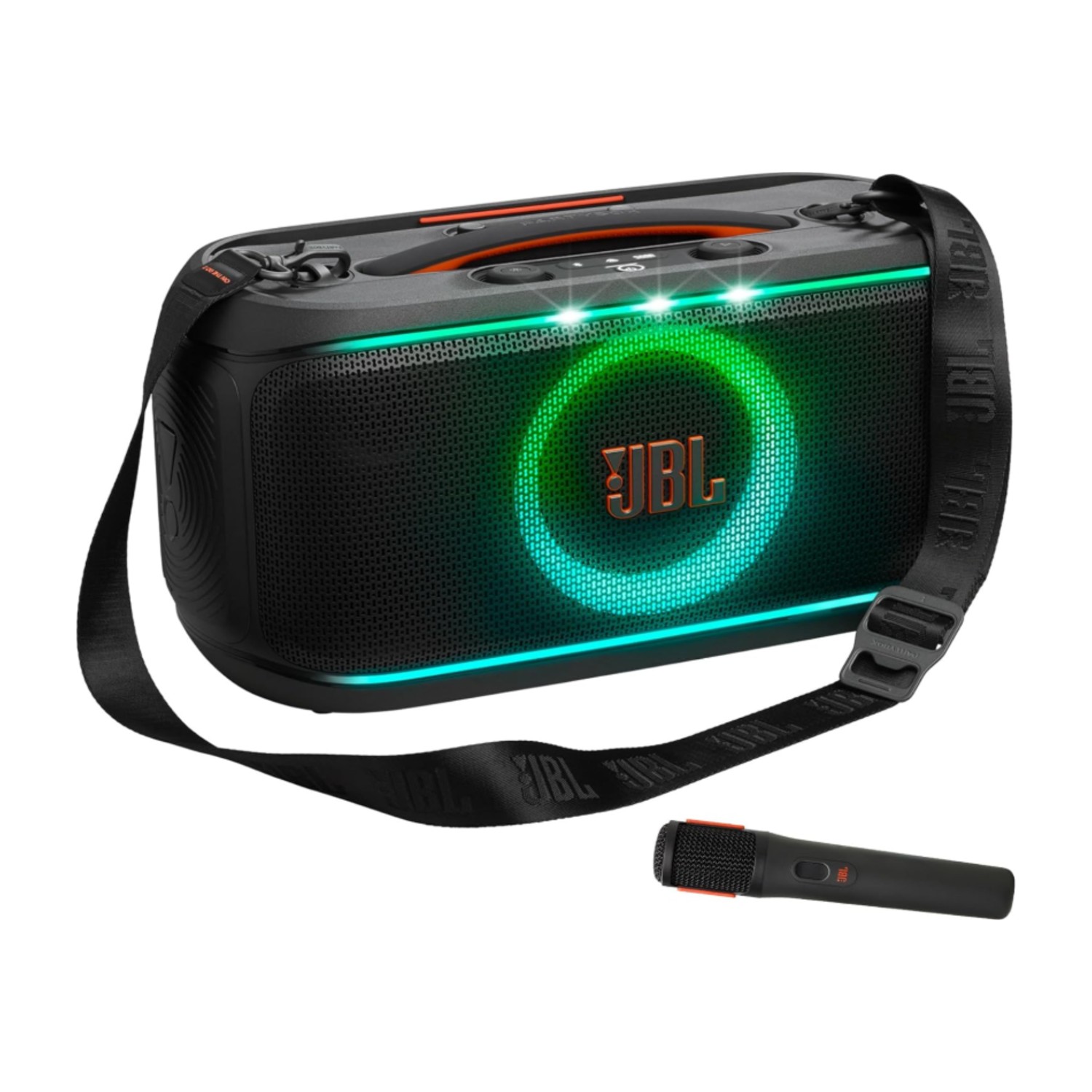 JBL PartyBox On - The - Go 2 مكبر صوت محمول بتقنية البلوتوث مع ميكروفون لاسلكي، عرض ضوئي ديناميكي، وقت تشغيل لمدة 15 ساعة، مقاوم للرذاذ، حزام مقبض وكتف – صوت JBL Pro قوي