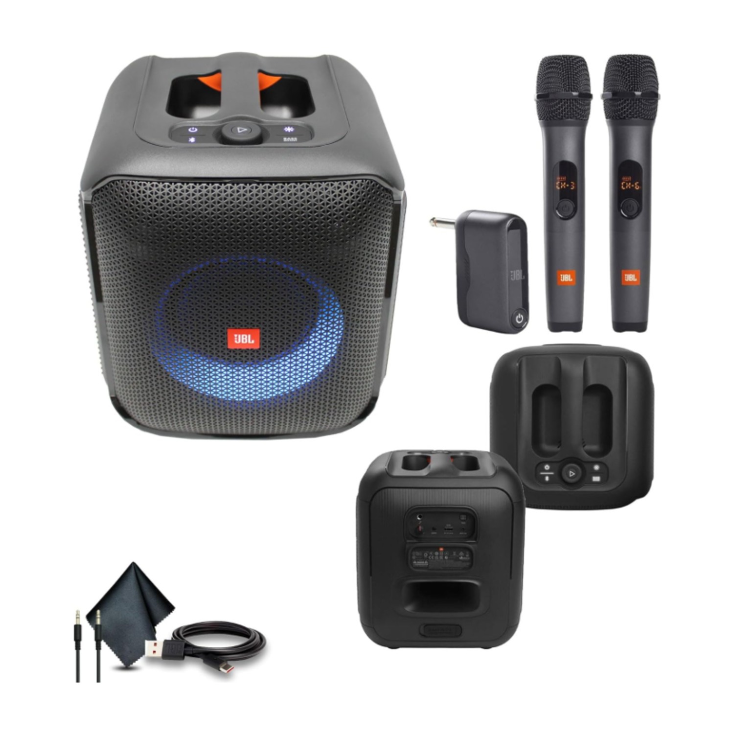 JBL Partybox Encore Essential، صوت 100 واط، عرض إضاءة ديناميكي مدمج وتصميم مقاوم للرذاذ (JBLPBENCOREESSAM) + نظام لاسلكي ثنائي الميكروفون مع مستقبل +