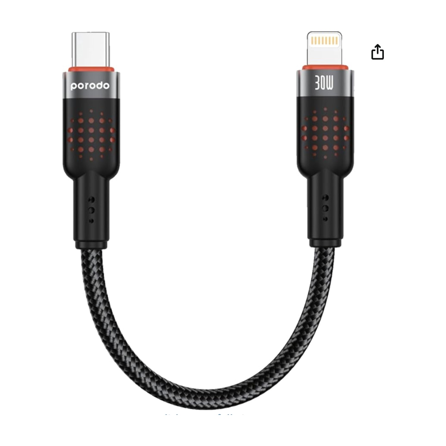 كابل شحن Porodo USB - C إلى Lightning Fast 25 سم