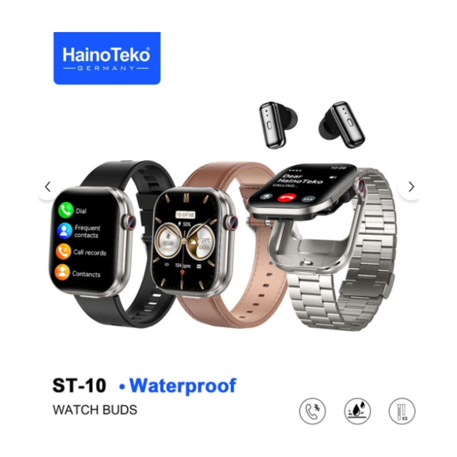 ساعة ذكية HAINOTEKO ST-10 مع سماعات أذن مدمجة، بشاشة AMOLED ودعم المكالمات عبر البلوتوث