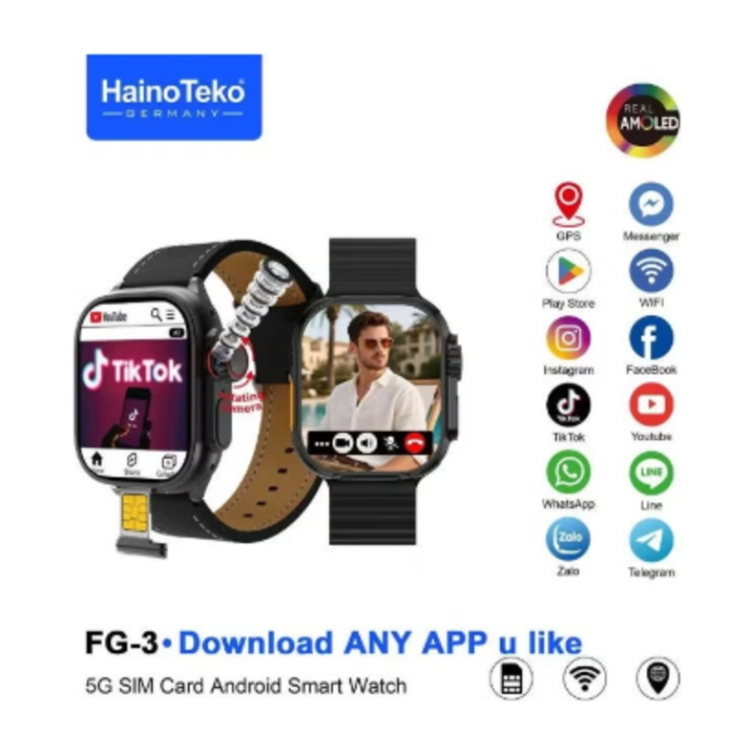 ساعة ذكية HainoTeko FG-3 5G بنظام أندرويد بشاشة AMOLED حقيقية، تدعم بطاقة SIM وتكامل مع وسائل التواصل الاجتماعي، مصممة للرجال، باللون الأسود