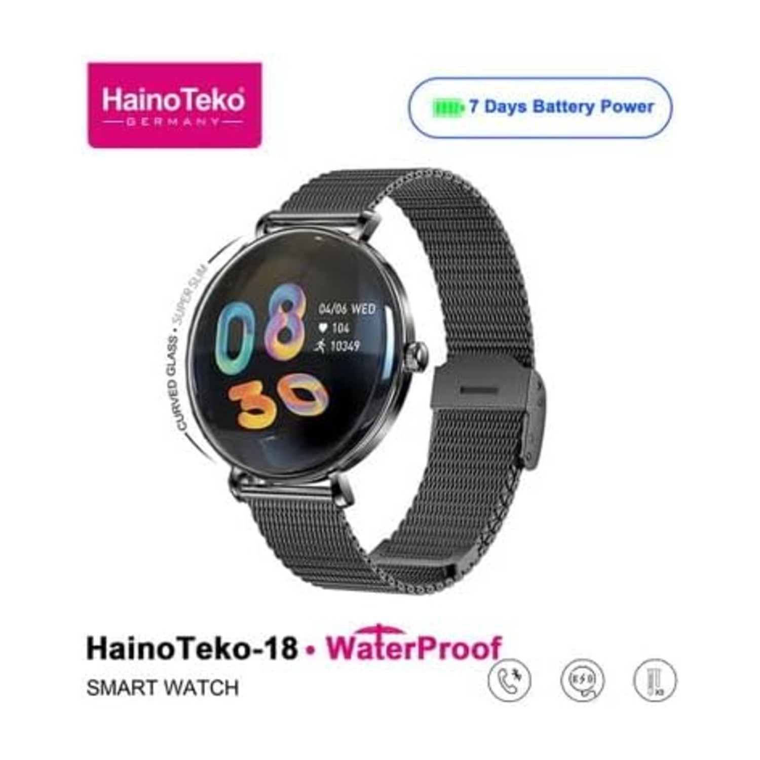 ساعة ذكية HainoTeko-18 مقاومة للماء بشاشة AMOLED دائرية، دعم مكالمات بلوتوث، مع 3 أزواج أحزمة وكابل شحن، مصممة للسيدات (أسود)