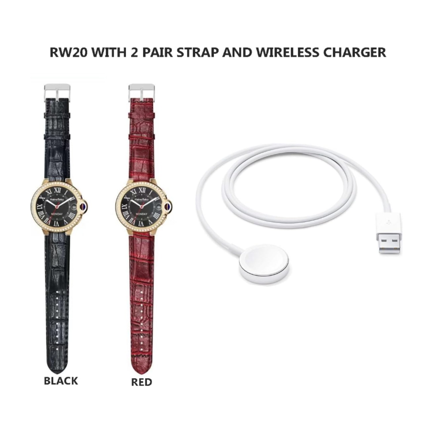 ساعة ذكية دائرية كلاسيكية Haino Teko Germany RW 20 إصدار الألماس (Diamond Edition)، مع طقمين من الأحزمة، للسيدات والفتيات - ذهبي